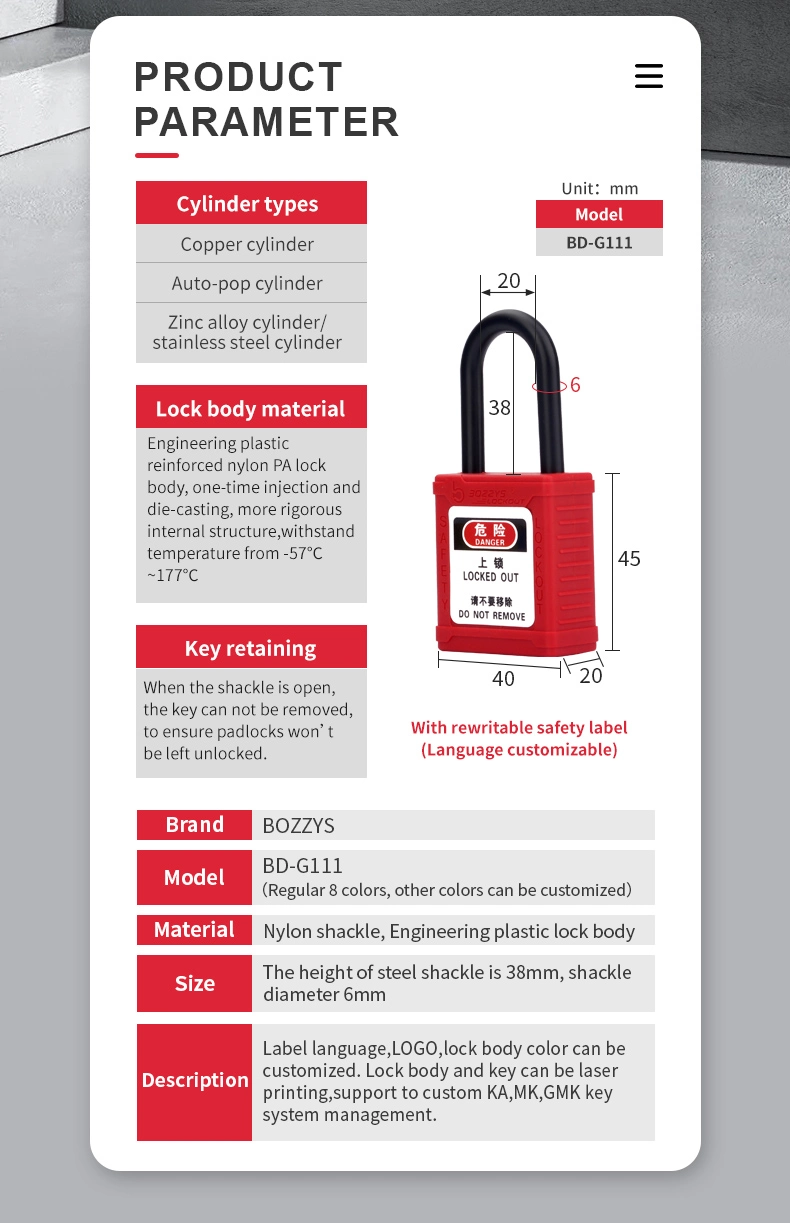 OEM 38mm Industrial Nylon Shackle Safety Padlock Lockout Lock Industrial Padlock Safety Loto Padlocks